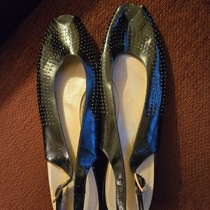 Salvatore Ferragamo Black Patent Studded Slingback Heels, fits 10/11